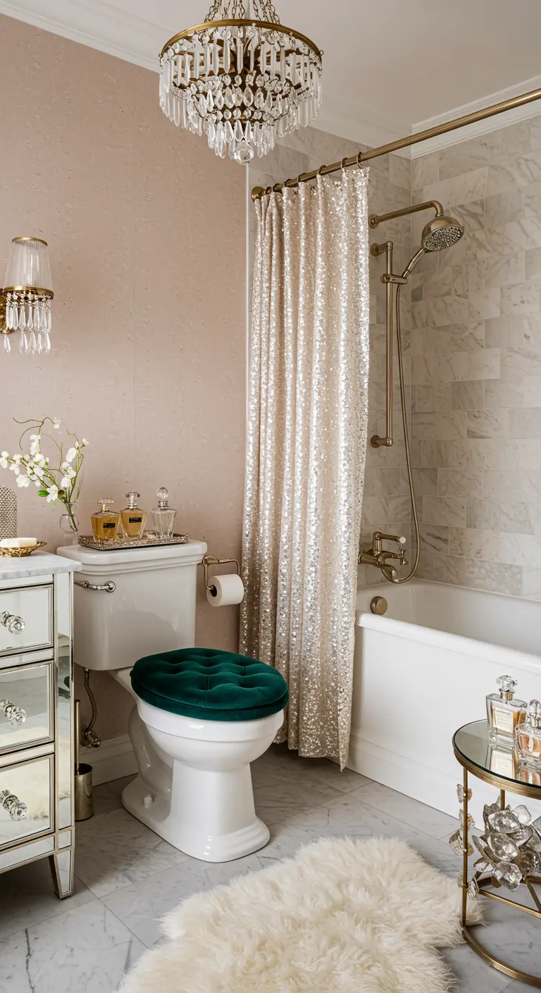 Glamoureuze badkamer met wit toilet, smaragdgroene bril en pailletten douchegordijn.