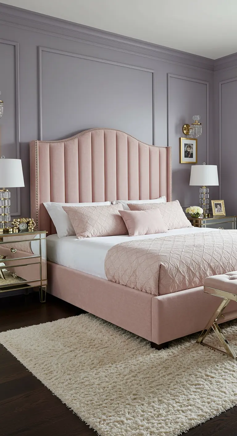 Zachtroze fluwelen bed met gecapitonneerd hoofdbord en gouden details, Hollywood Regency stijl.