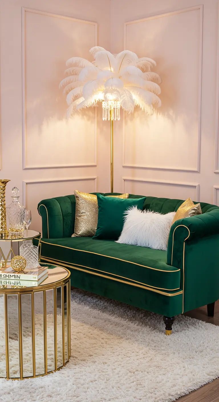 Glamoureuze hoek met groene fluwelen bank, gouden details, verenlamp en fluffy tapijt.