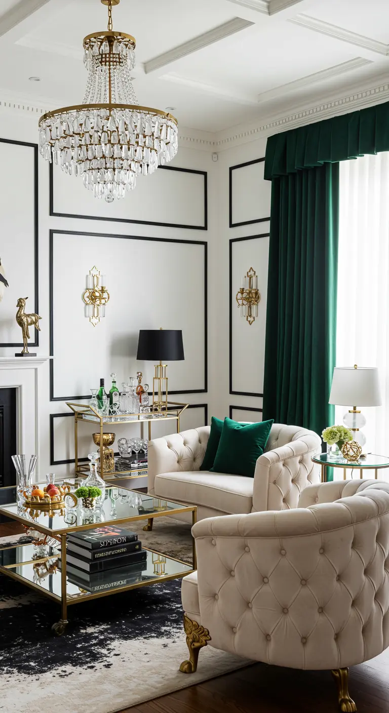 Luxe woonkamer in Hollywood Regency stijl met grote gouden kroonluchter en smaragdgroene accenten.