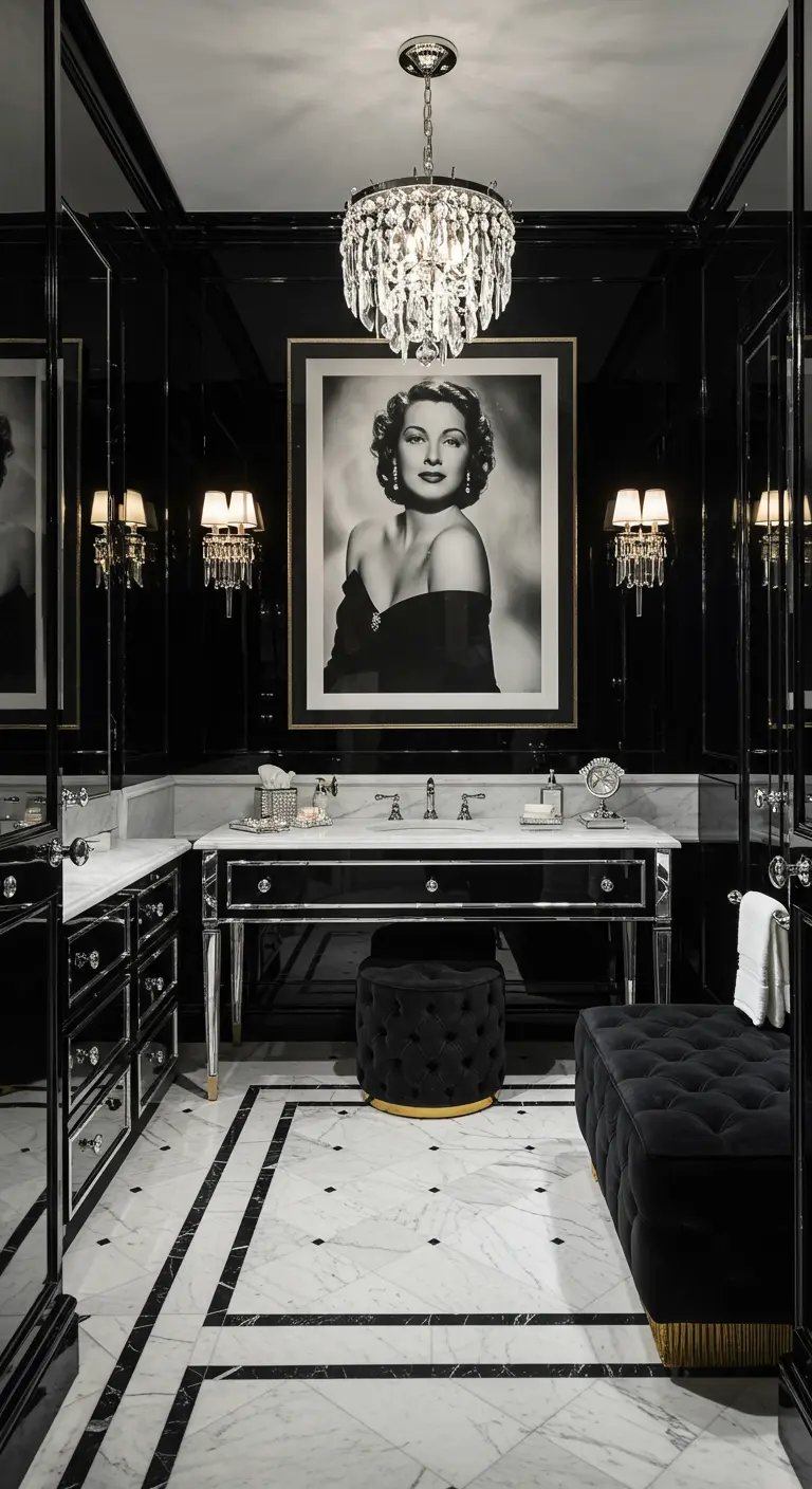 Glamoureuze zwart-wit badkamer met een grote zwart-wit portretfoto, kristallen kroonluchter en marmer.