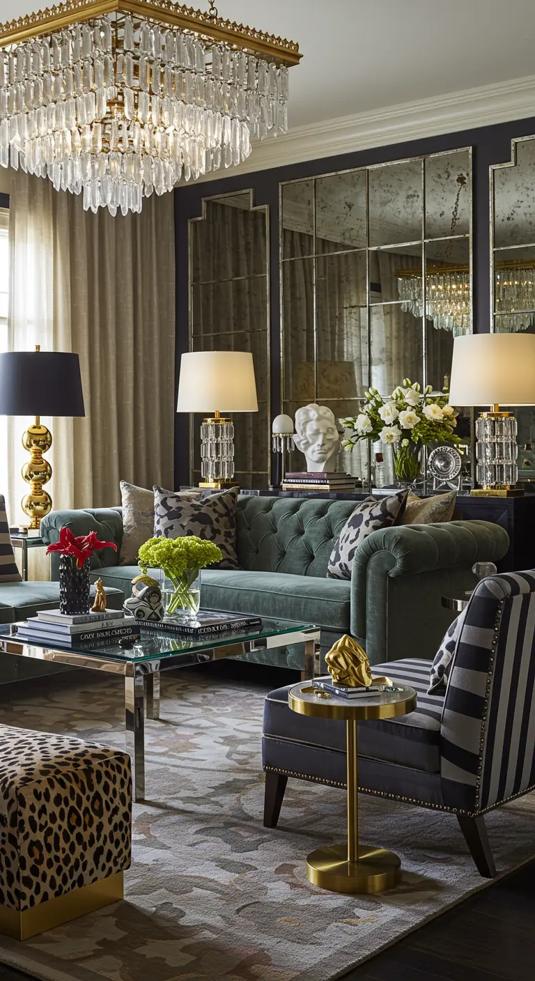 Luxe woonkamer met kristallen kroonluchter, spiegelwand, fluwelen bank en dierenprint accenten.