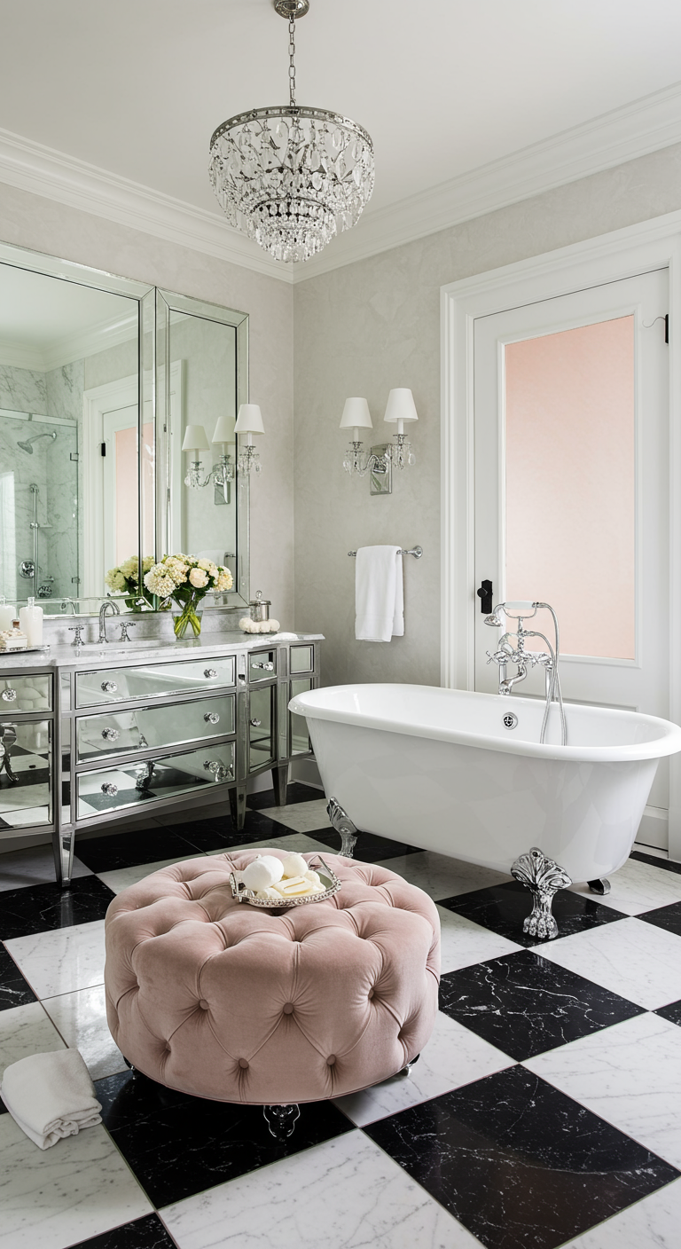 Glamoureuze badkamer met spiegelmeubel, roze poef en geblokte vloer.