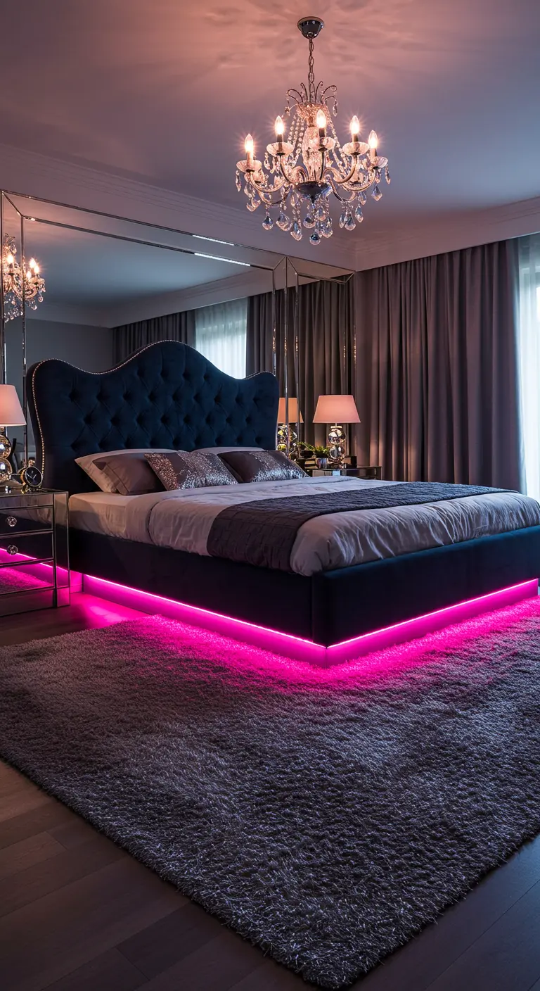 Glamoureuze slaapkamer met een donkerblauw fluwelen bed en fuchsia roze LED-verlichting eronder.