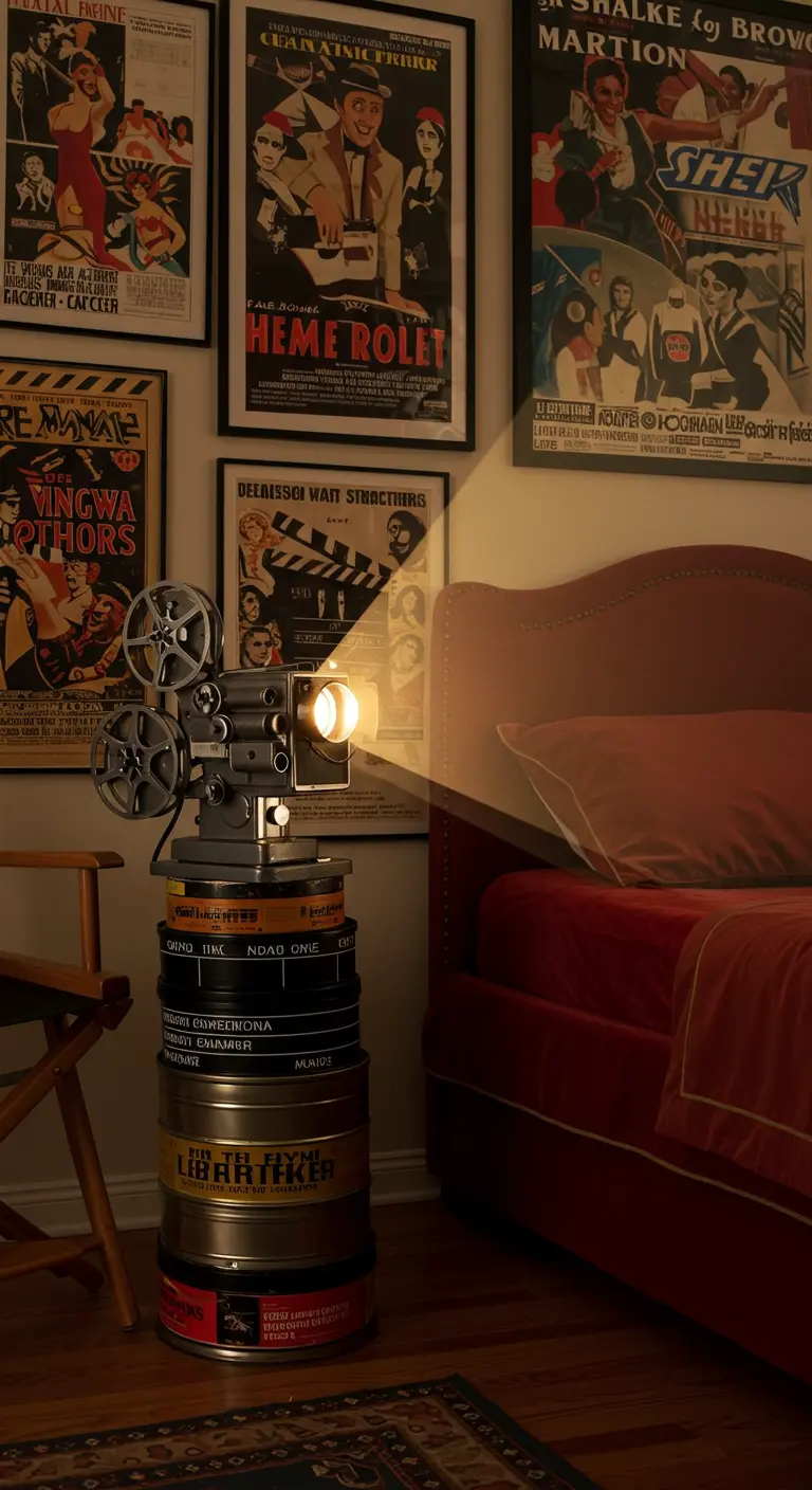 Vintage filmprojector omgebouwd tot lamp, staand op filmblikken, schijnt licht in een retro slaapkamer.