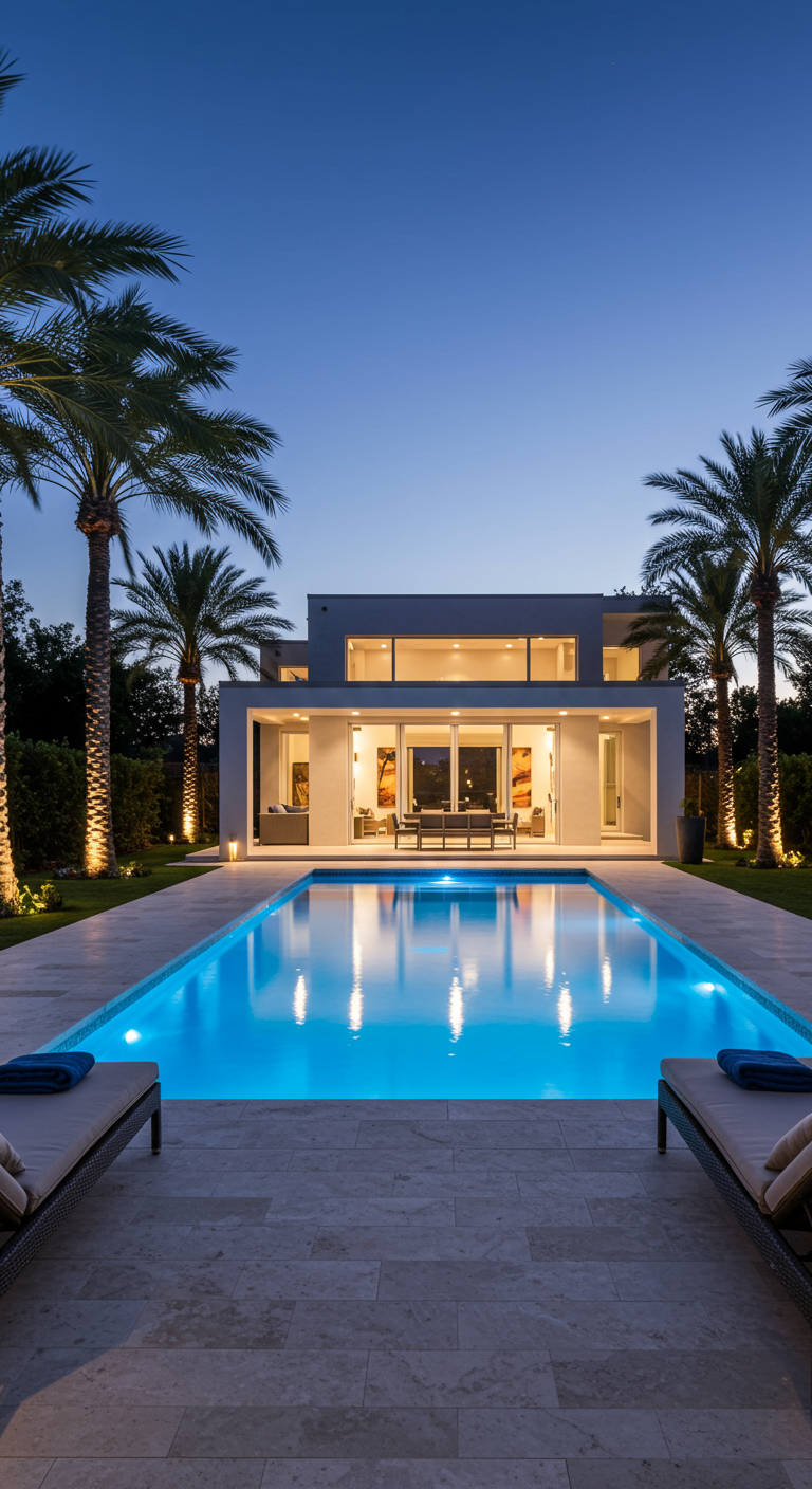 Modern zwembad 's avonds, verlicht met onderwaterlampen en spots op omliggende palmbomen.