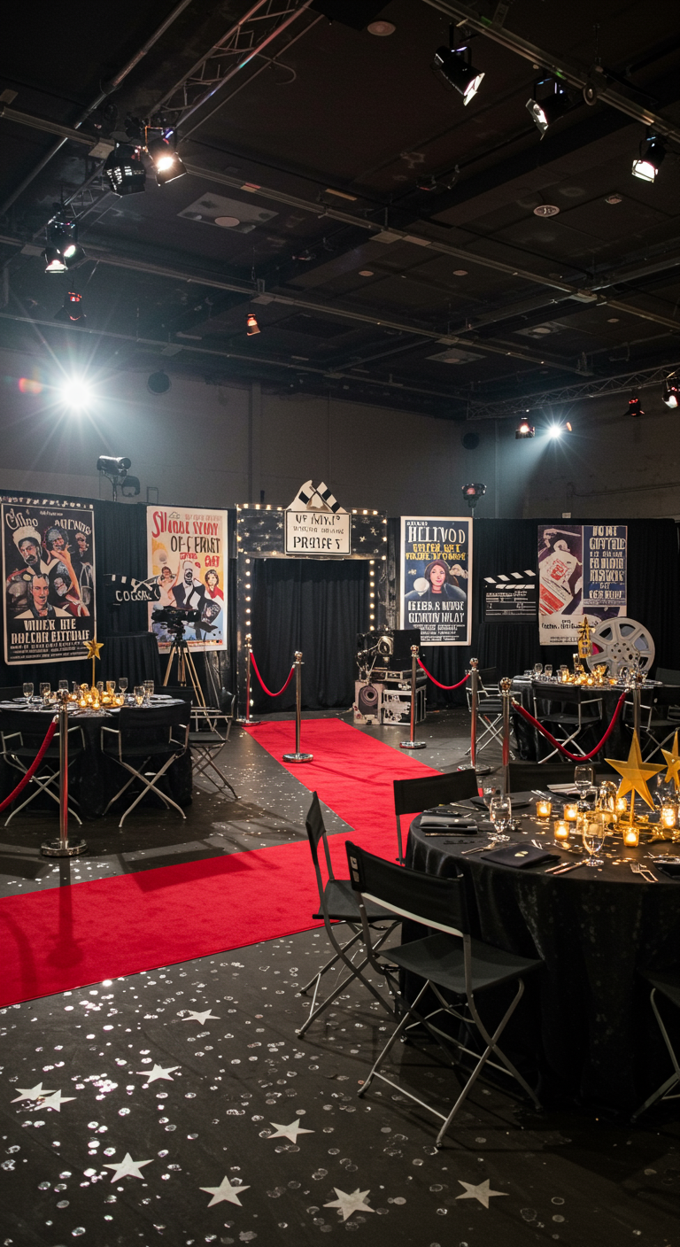 Hollywood themafeest met rode loper, filmposters en gouden sterren.