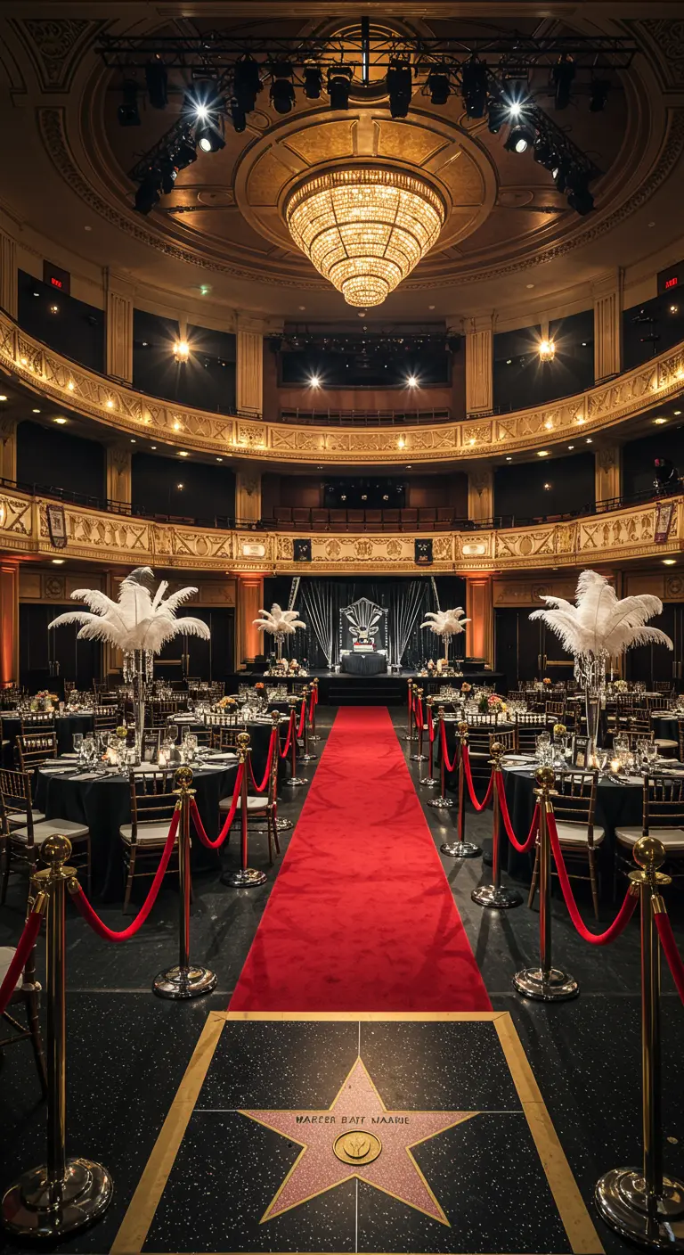 Bruiloft met Hollywood thema, rode loper, ster en veren decoraties.