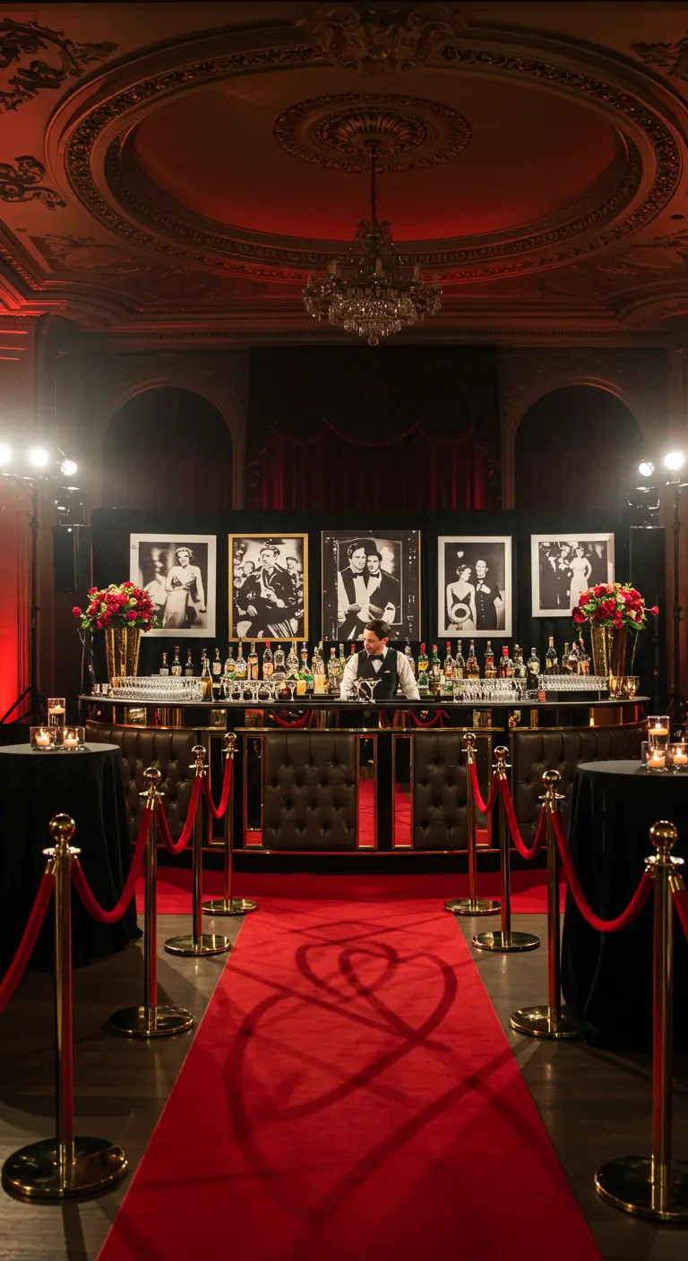 Chique bar met rode loper, afzetkoorden, zwart-wit foto's en gouden accenten.