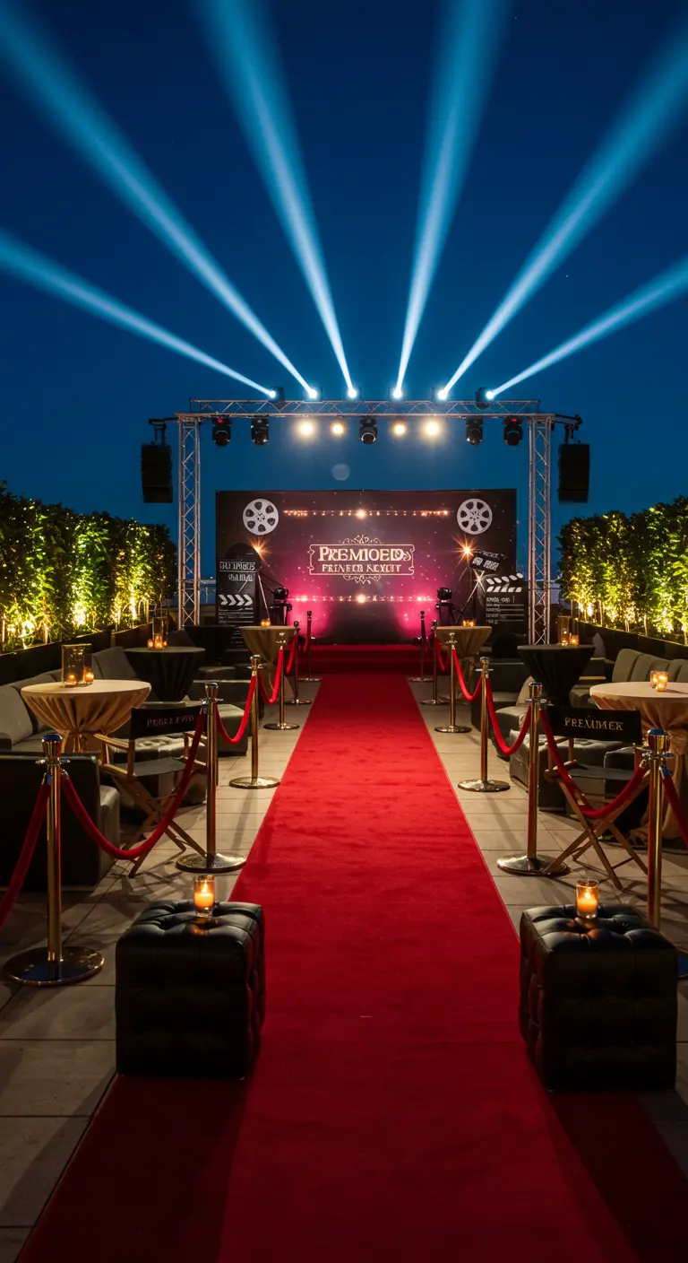 Dakterras met rode loper, afzetpaaltjes en spotlights voor filmpremière.