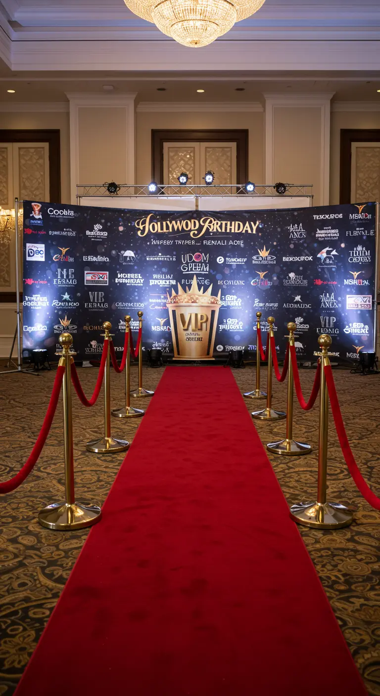 Hollywood thema backdrop met rode loper, afzetpaaltjes en een 'VIP' award.