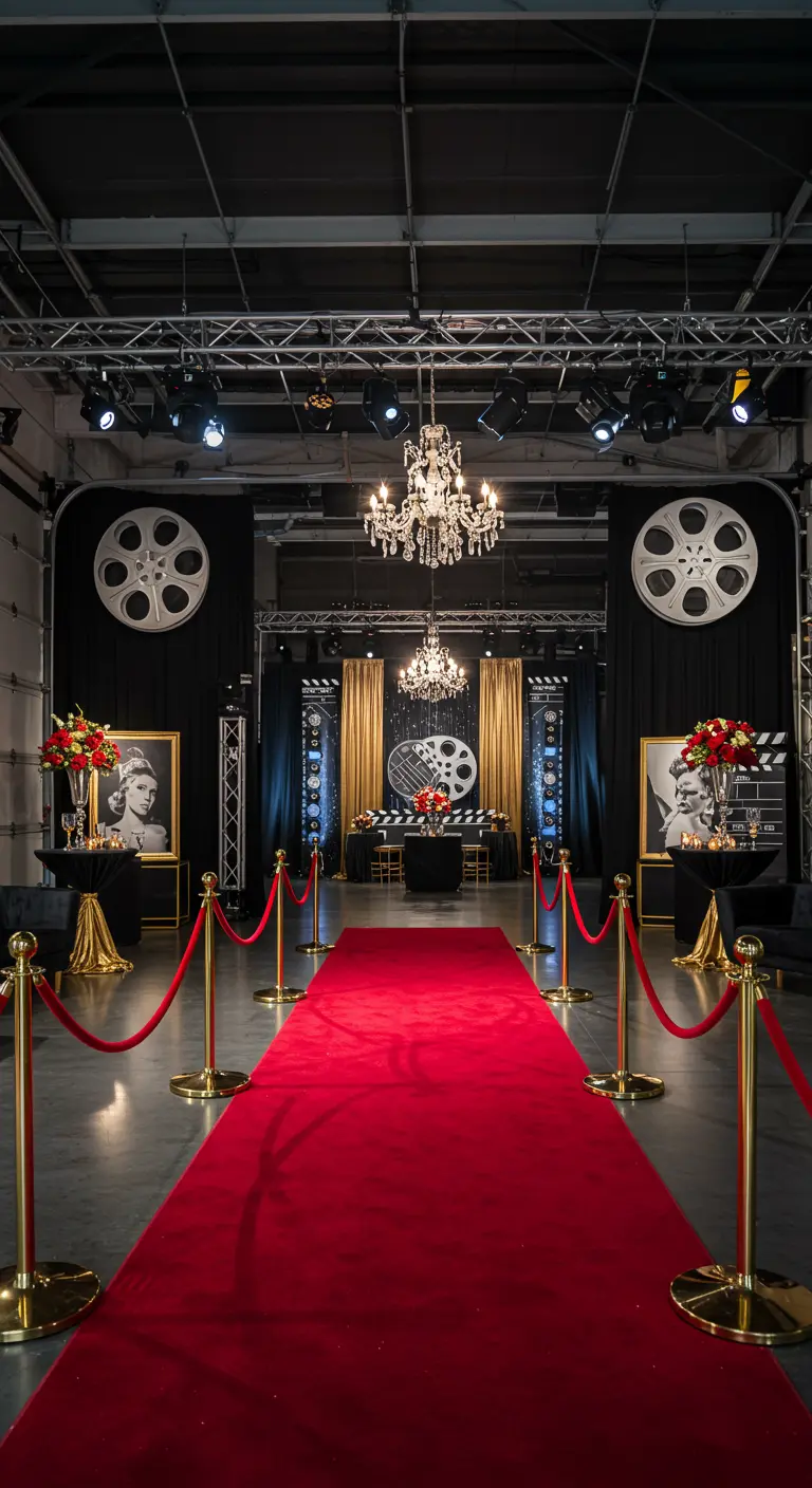 Hollywood red carpet gala in garage met rode loper, gouden palen en filmdecor.