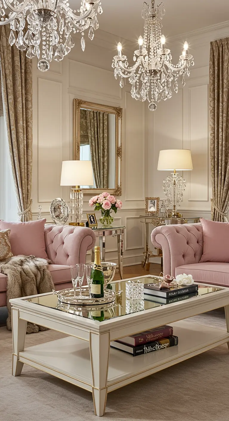 Witte salontafel met spiegelblad, champagne, glazen en roze rozen in een luxe interieur.