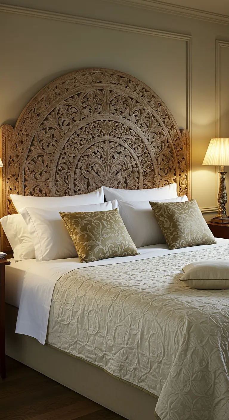 Bed met een indrukwekkend, gedetailleerd gesneden houten hoofdbord en crèmekleurig beddengoed.