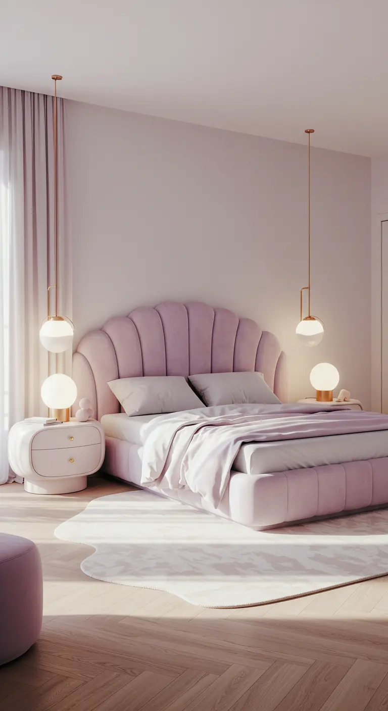 Slaapkamer met pastelpaars schelp hoofdbord, gouden hanglampen, ronde nachtkastjes en wolk vloerkleed.