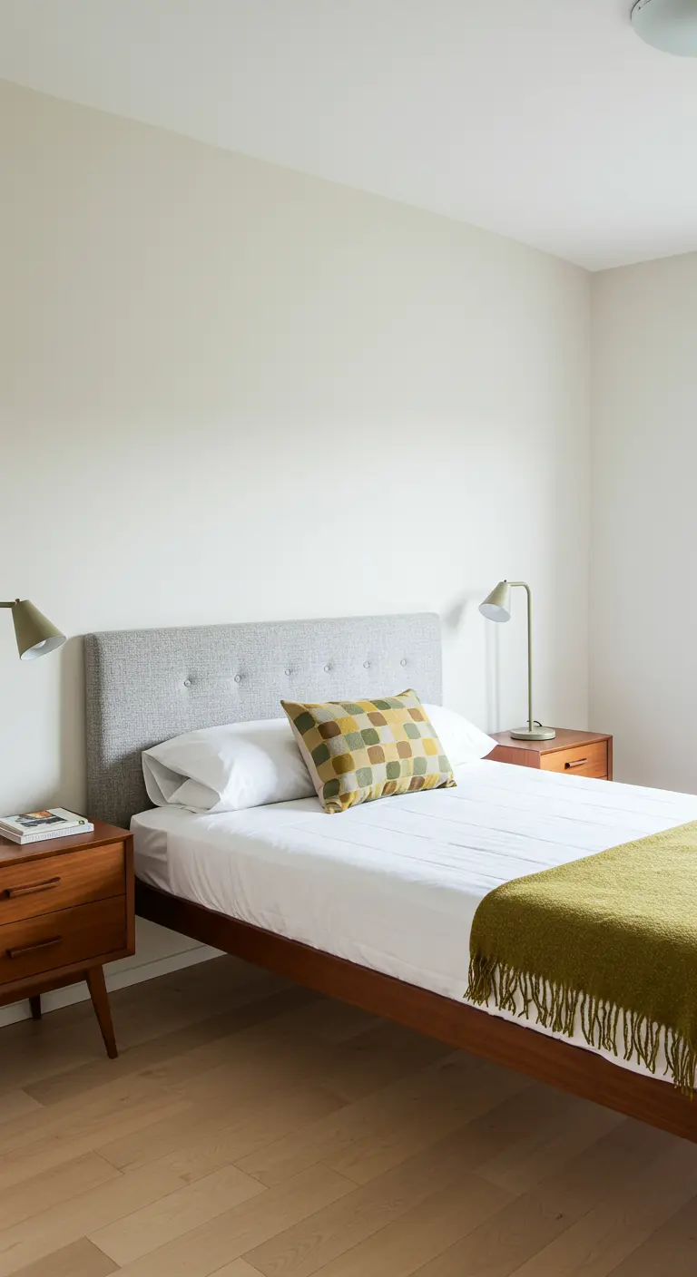 Slaapkamer met grijs gestoffeerd hoofdbord, walnoothouten bed en nachtkastjes met groene lampen.