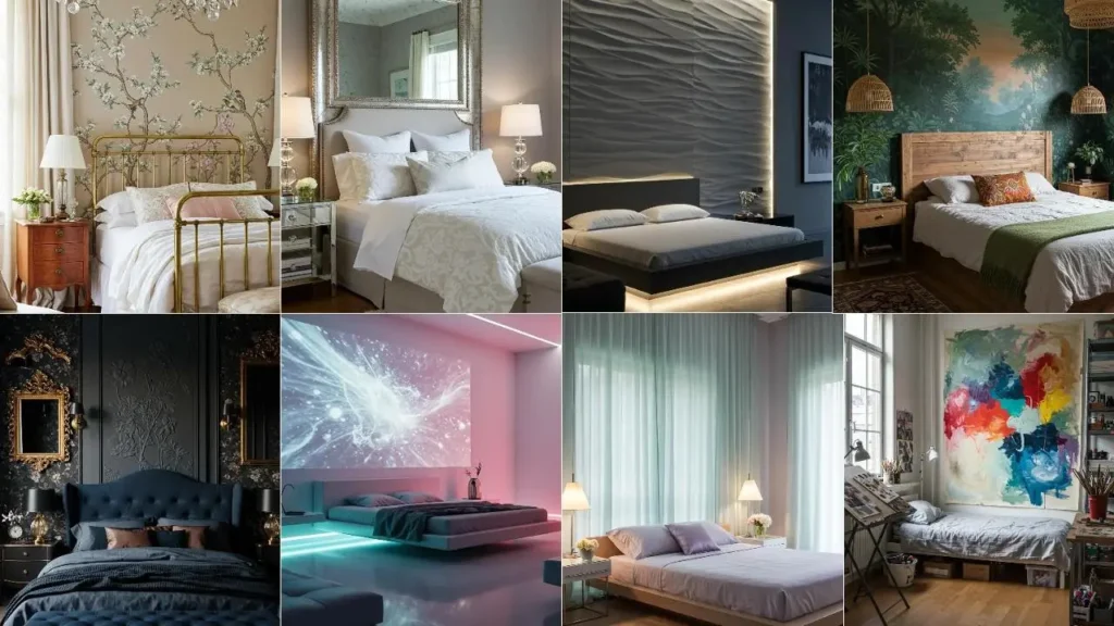 Diverse wandoplossingen als hoofdbordvervanging: kunst, behang en unieke designs in sfeervolle slaapkamers.
