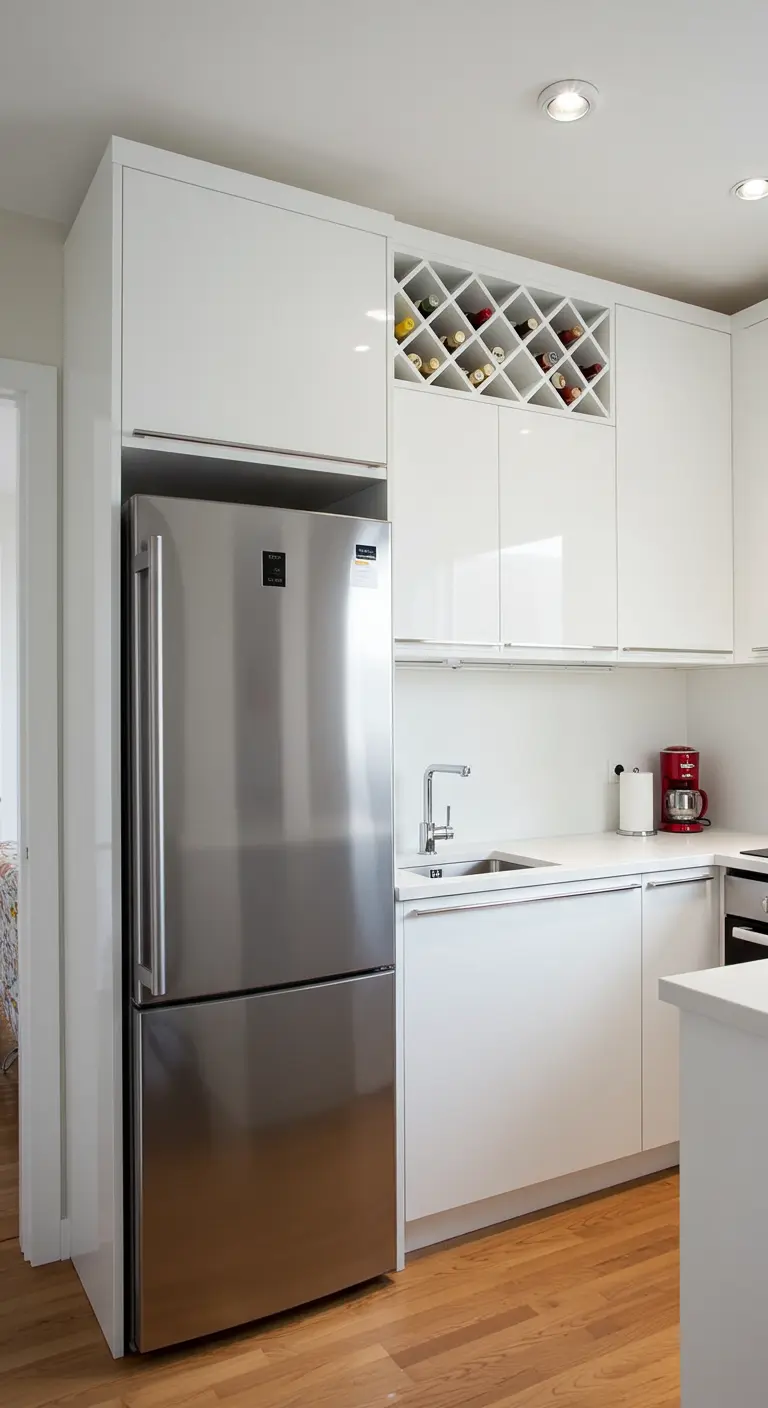 Witte moderne keuken met een ingebouwd wijnrek boven de RVS koelkast.
