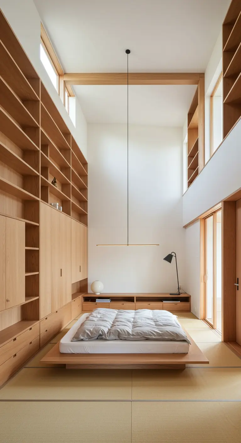 Hoge Japandi slaapkamer met veel ingebouwde houten kasten en laag bed.