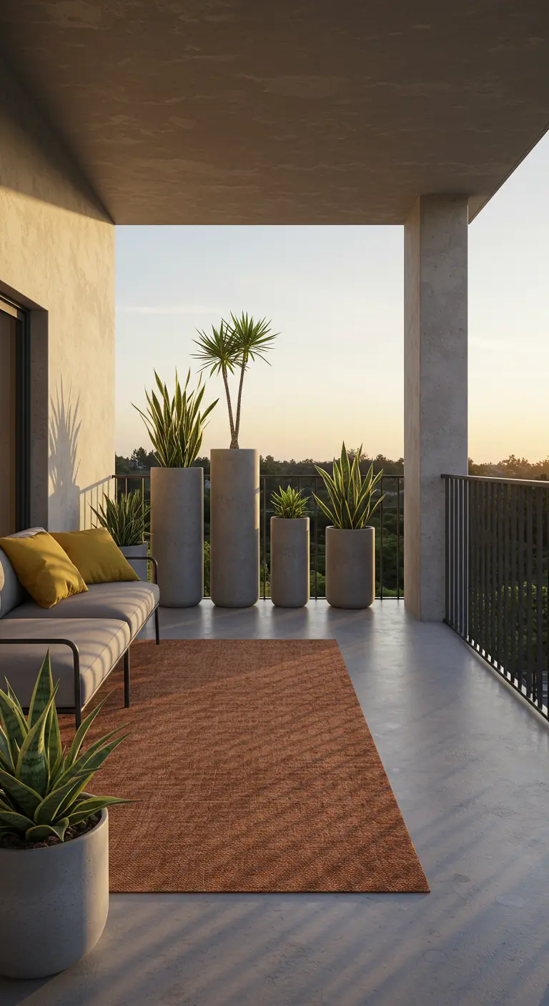 Balkon met minimalistische bank, oranje buitenkleed en hoge betonnen plantenpotten.