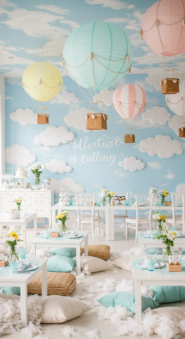 Kinderverjaardag met luchtballonnen en wolken thema.