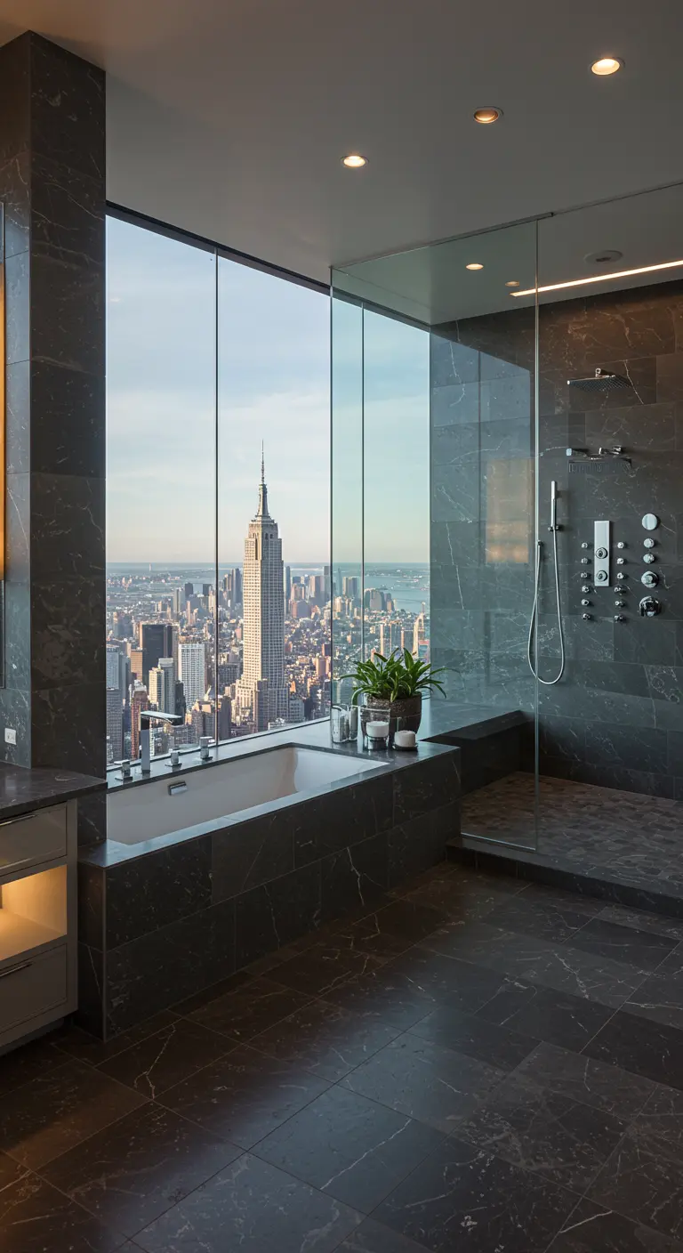 Luxe badkamer met ligbad en kamerhoge ramen met uitzicht op Empire State Building.