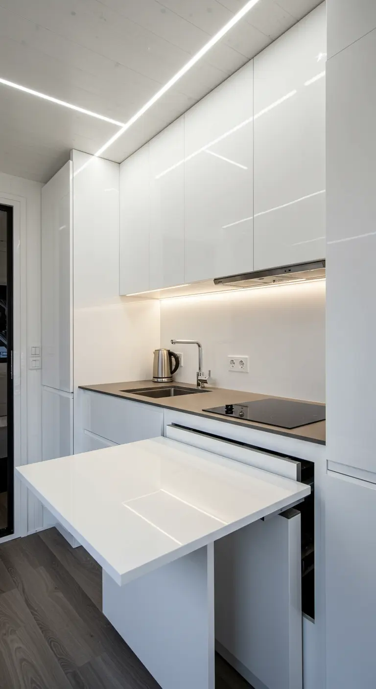 Witte hoogglans keuken met een naadloos uitschuifbaar tafelblad voor extra eet- of werkruimte.