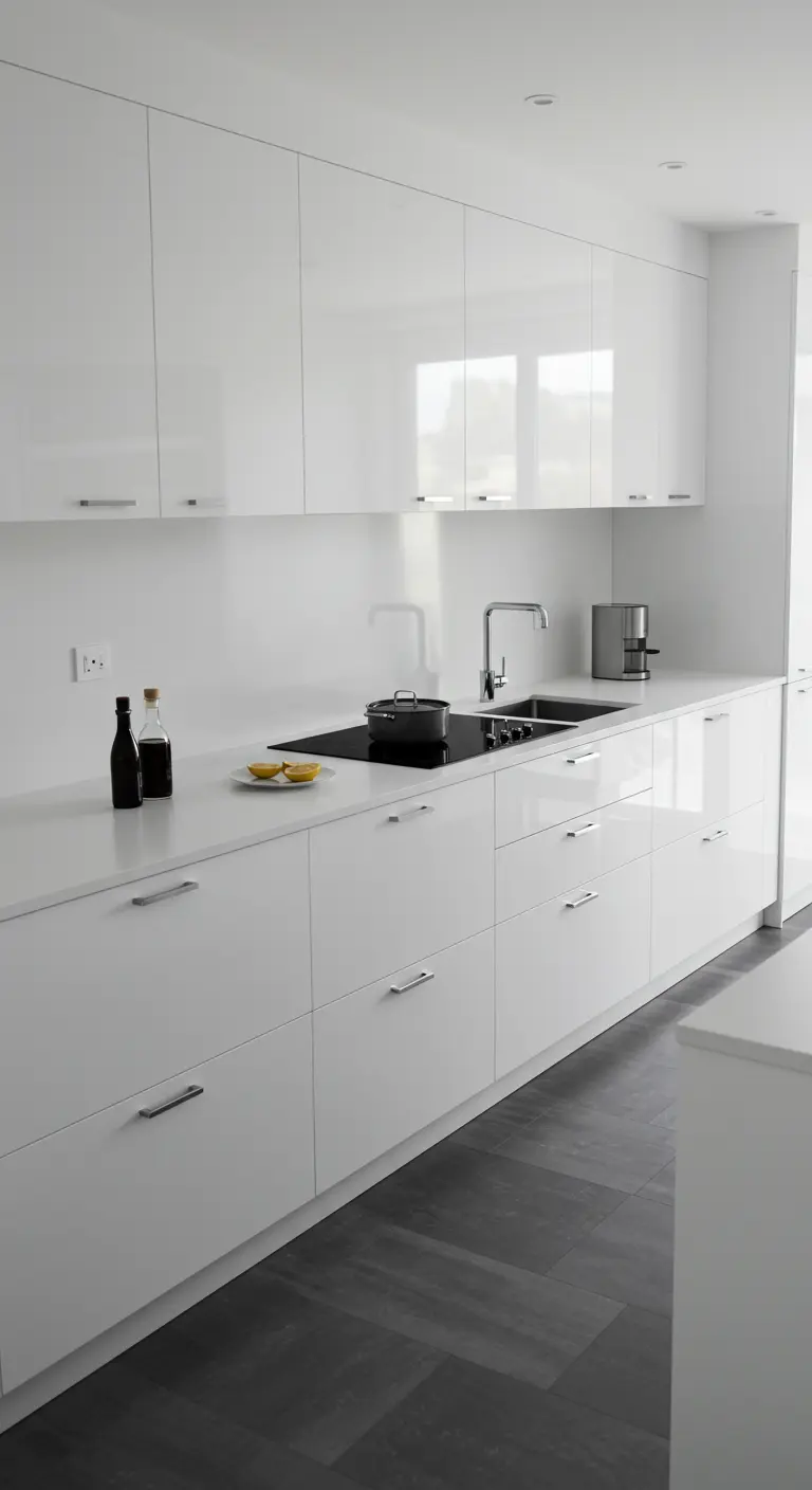 Witte hoogglans keuken met smalle zilverkleurige greeplijsten.