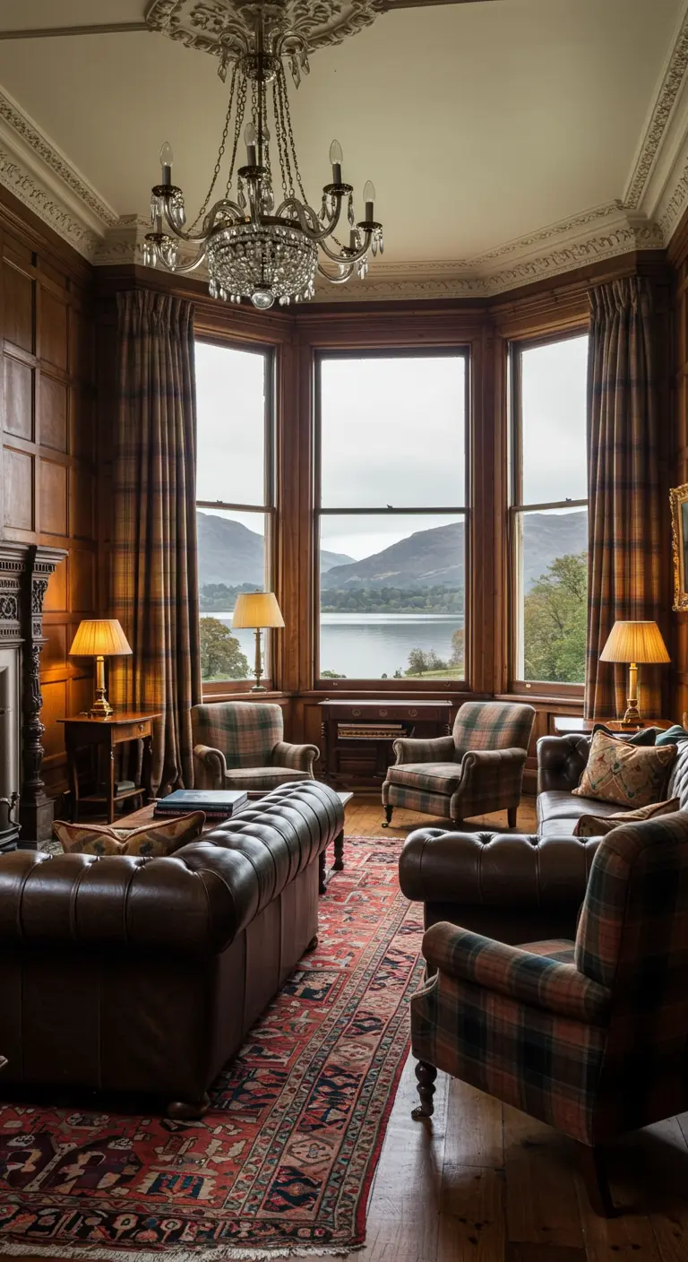 Klassieke woonkamer met houten lambrisering, leren Chesterfield bank en uitzicht op een Schots meer.