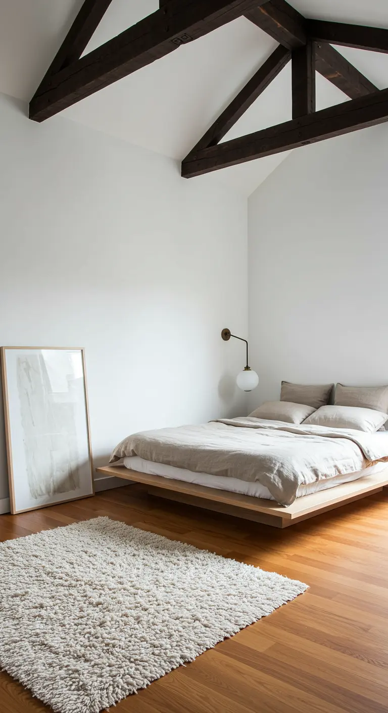 Minimalistische slaapkamer met een groot wit hoogpolig vloerkleed en een zwevend houten bed.