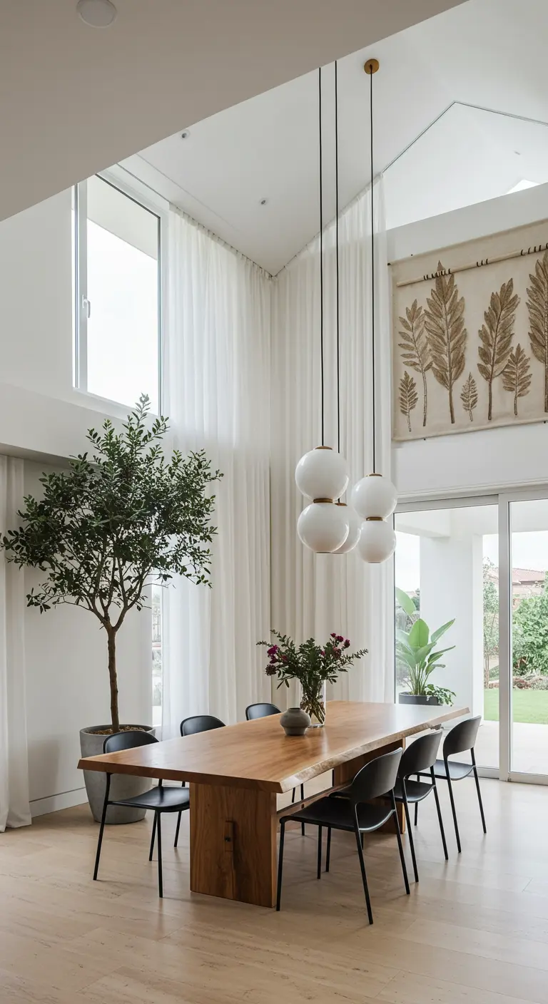 Hoge eetkamer met houten tafel, zwarte stoelen, een groot botanisch wandkleed, hoge plant en witte gordijnen.