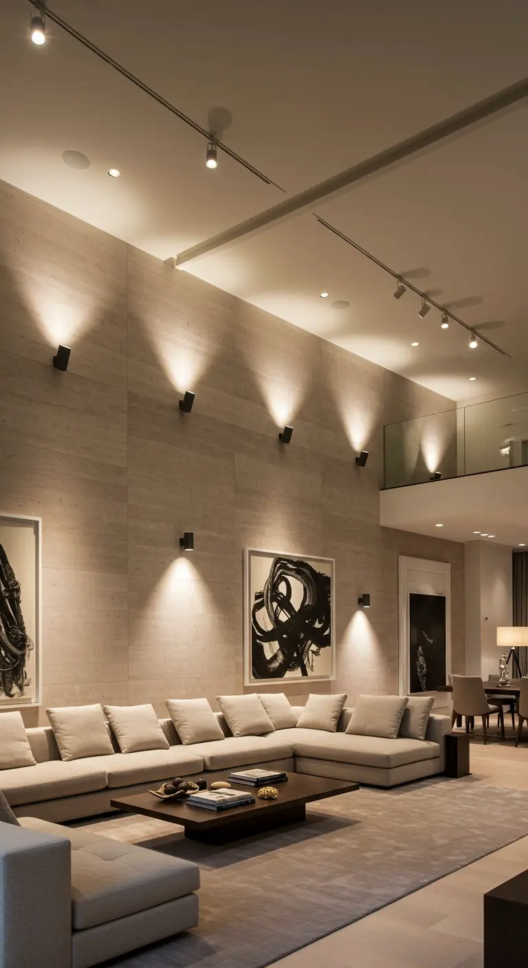 Moderne woonkamer met hoge, lichtgetinte muur en meerdere wandspots die de textuur accentueren.