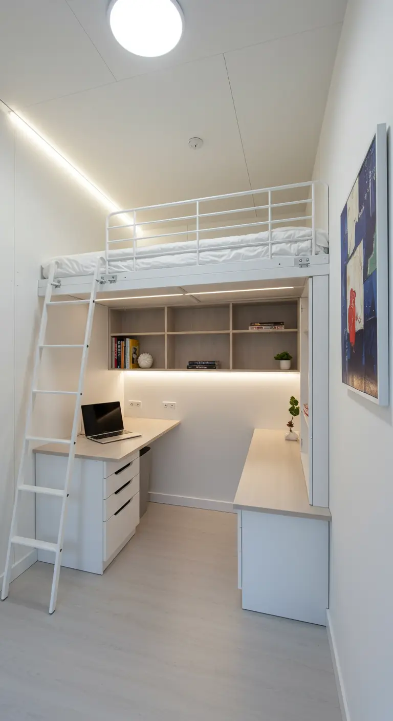 Witte, moderne logeerkamer met hoogslaper en bureau eronder.