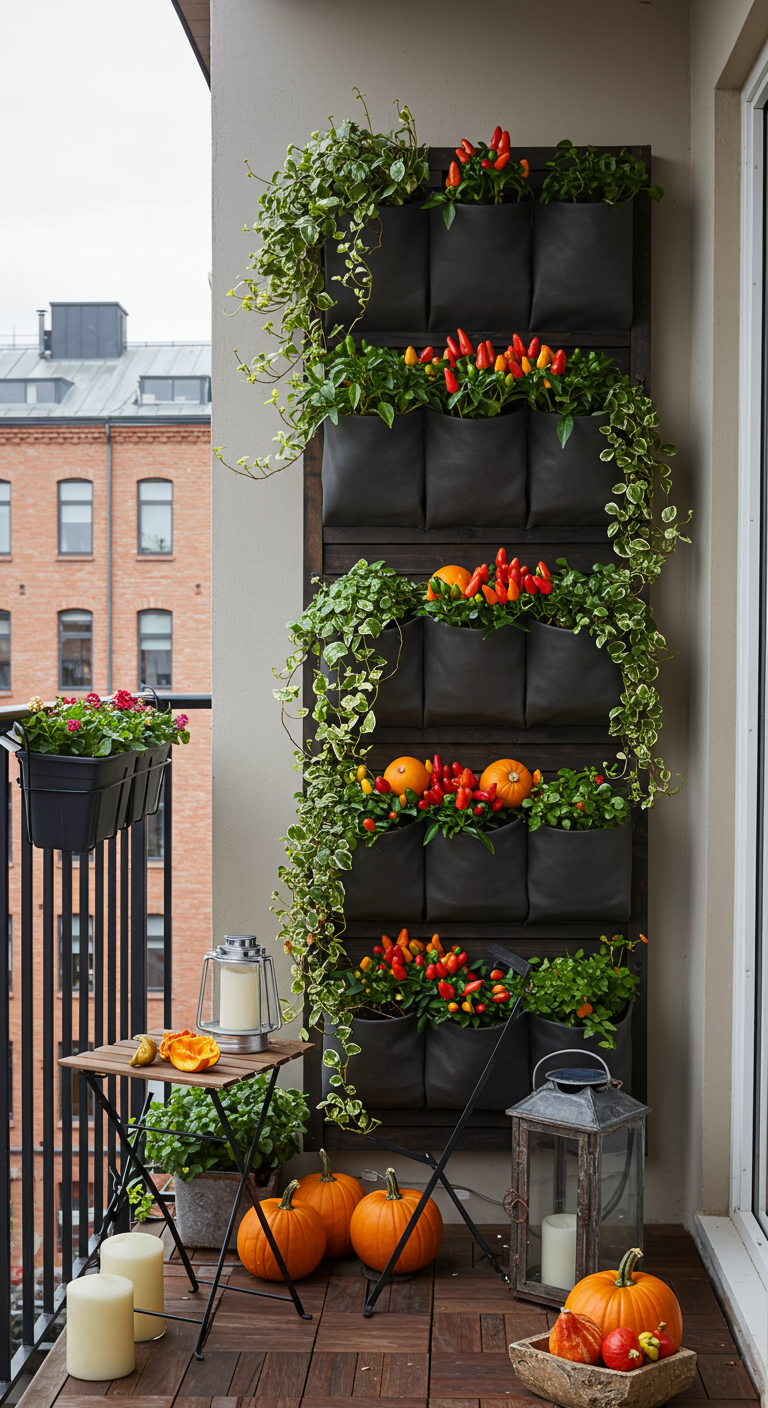 Verticale plantenwand op balkon met pepers, pompoentjes en groene klimplanten.