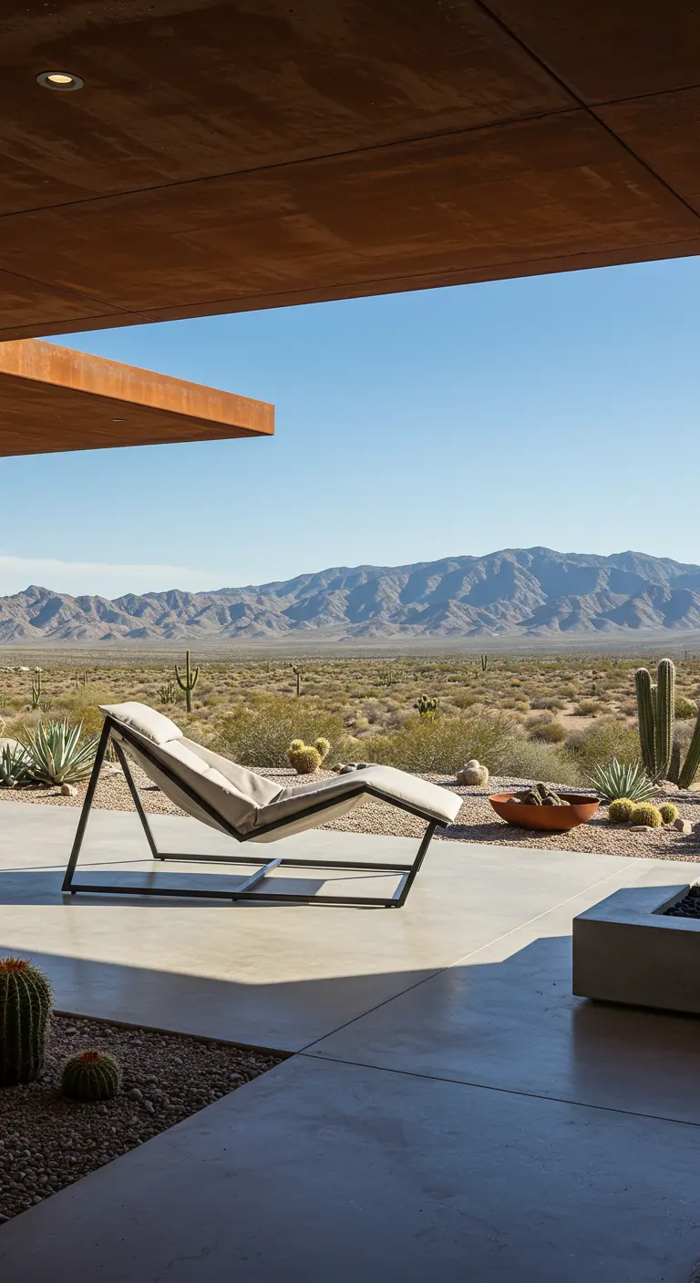 Moderne design ligstoel op een terras met uitzicht op een woestijnlandschap.