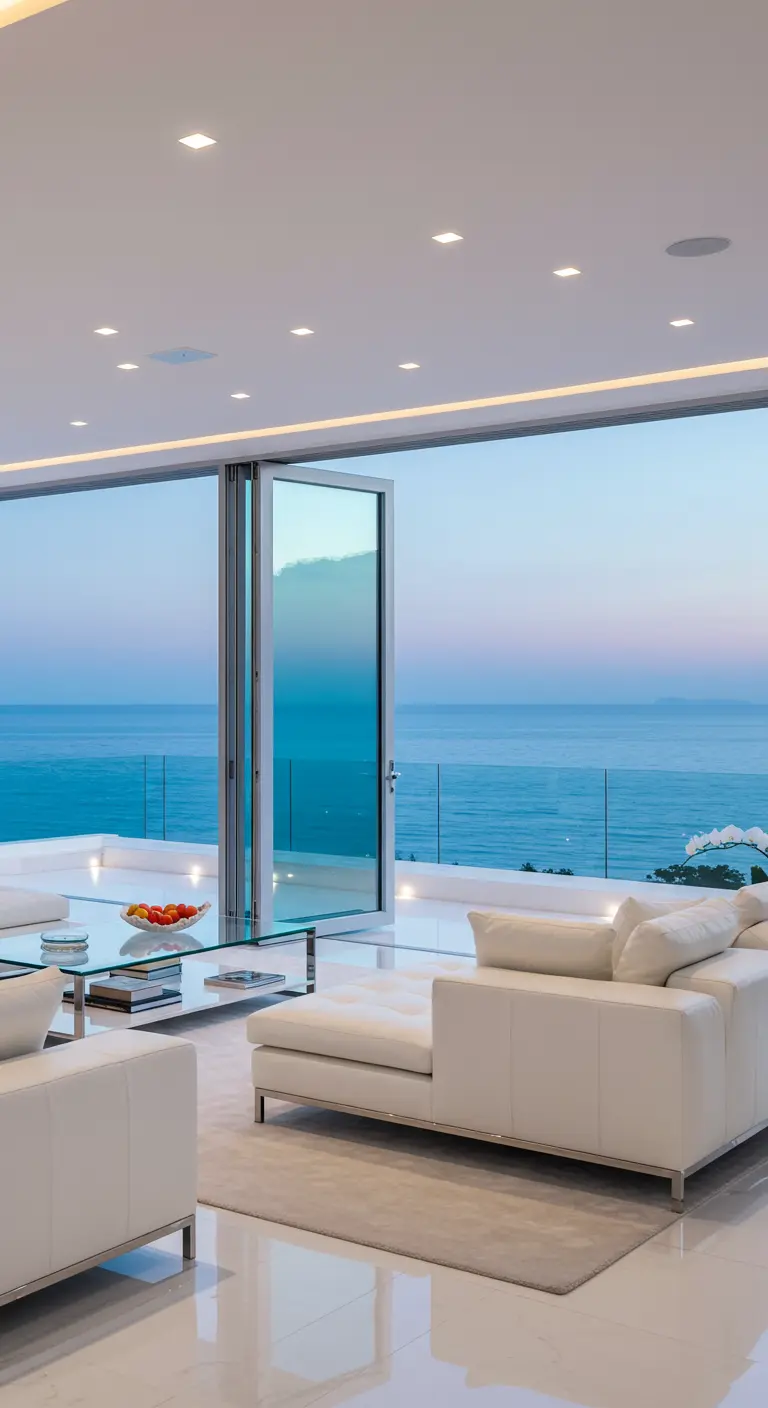 Moderne witte woonkamer met glazen wanden en panoramisch uitzicht op zee.
