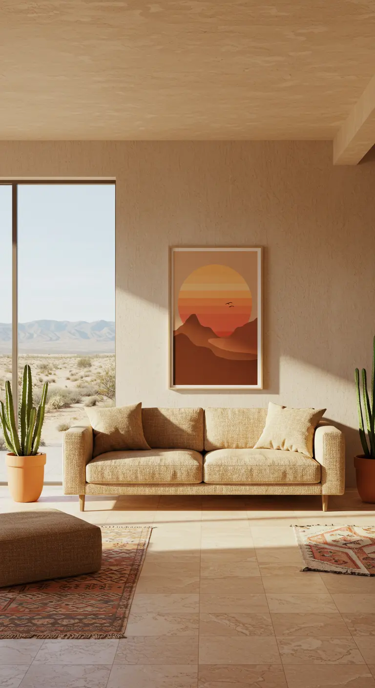 Woonkamer in woestijnstijl met print van gestileerd landschap in warme kleuren.