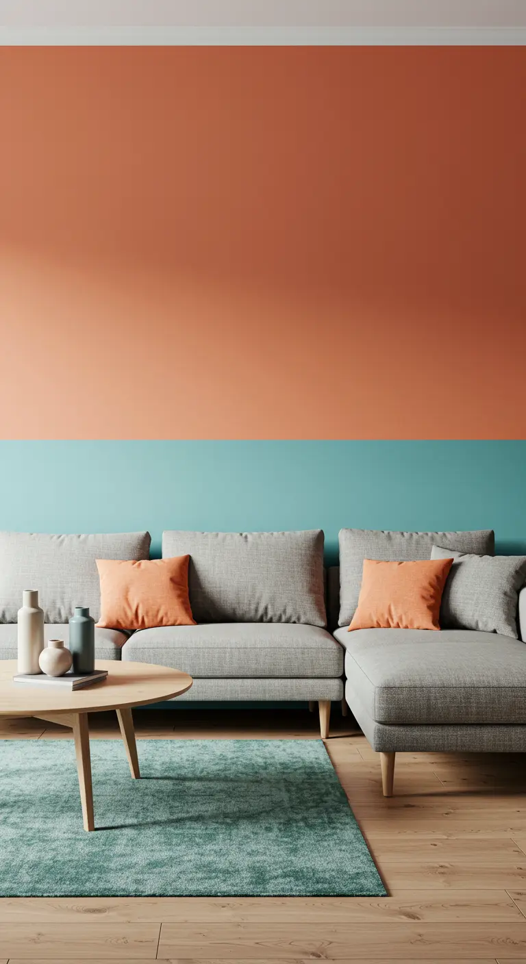 Woonkamer met muur horizontaal verdeeld in terracotta en mintgroen.