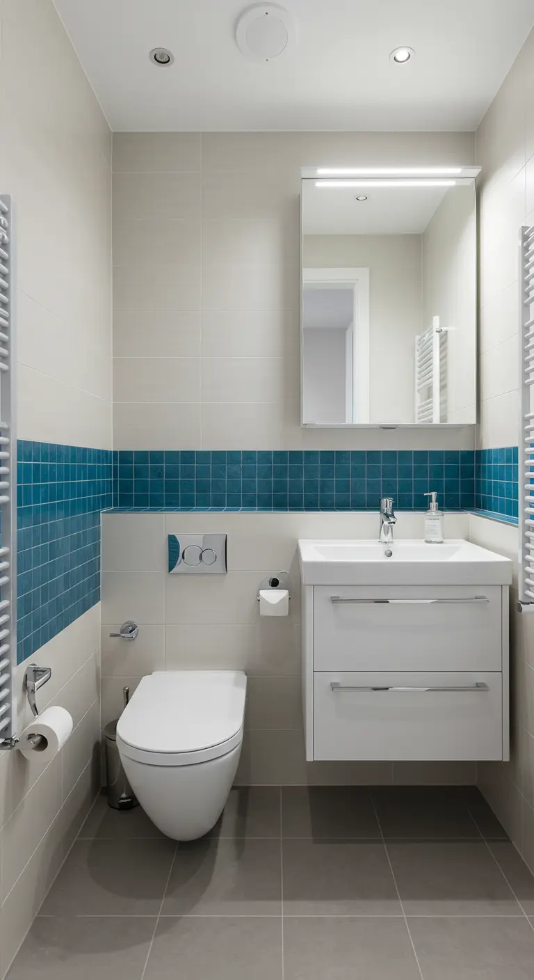 Witte badkamer met een horizontale strook blauwe mozaïektegels en compact meubilair.
