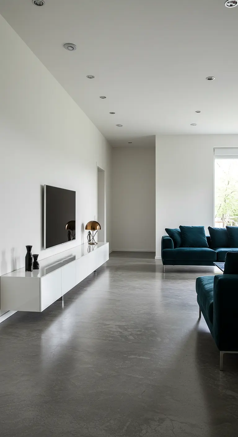 Ruime woonkamer met een lang, wit, zwevend TV-meubel en donkerblauwe banken.