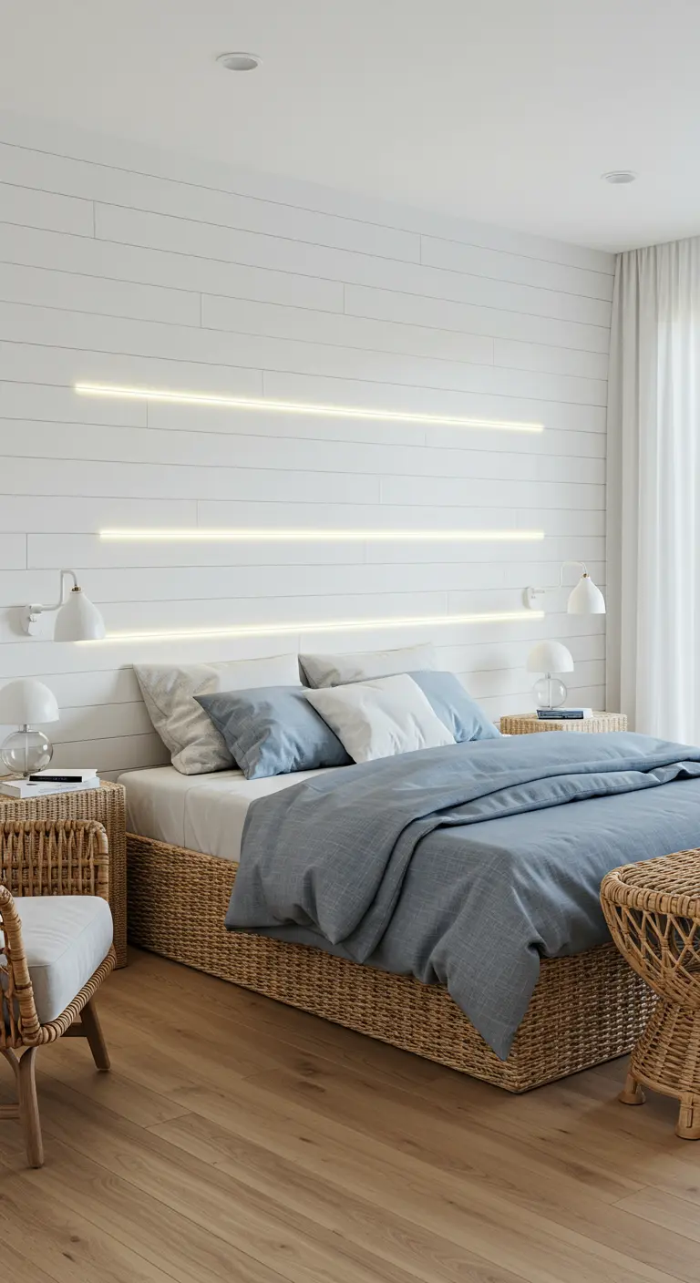 Lichte slaapkamer met witte houten panelen en horizontale lichtbalken.
