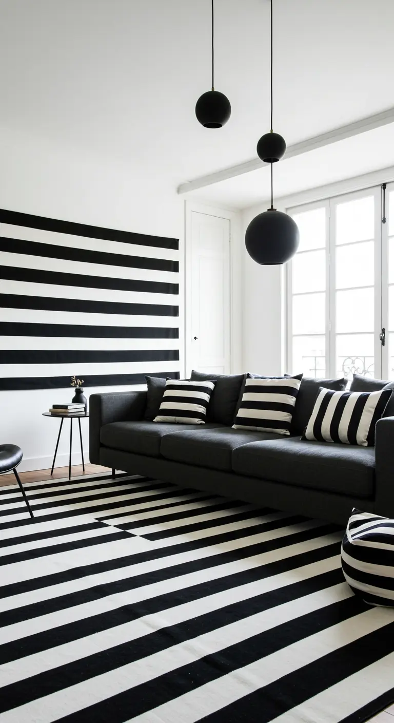 Woonkamer met zwart-wit gestreepte muur en bijpassend vloerkleed, zwarte bank.