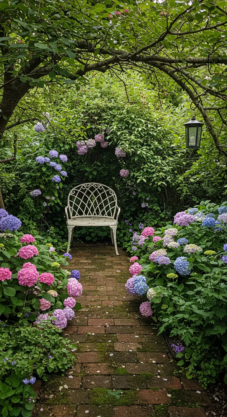 Witte metalen stoel in een nis gevormd door weelderig bloeiende roze en blauwe hortensia's.