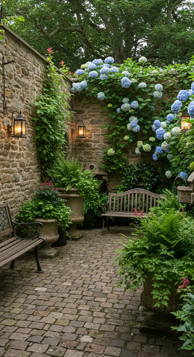 Sfeervolle binnenplaats met stenen muren, Hortensia's, varens in potten en klassieke tuinbankjes.