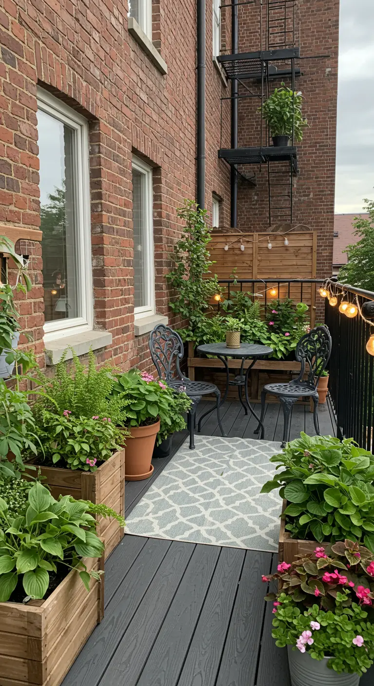 Balkon met houten plantenbakken vol Hosta's en varens, bistroset en lichtslinger.