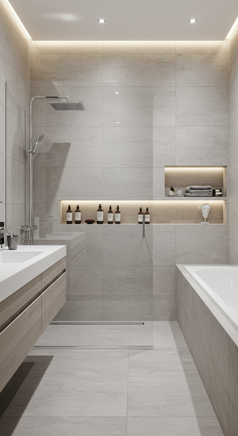 Moderne badkamer met ingebouwde, verlichte nis boven het bad voor toiletartikelen.
