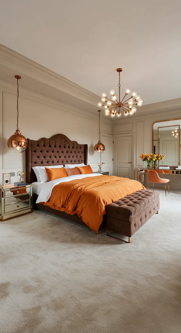 Luxe slaapkamer met bruin gecapitonneerd bed, koperen lampen en oranje beddengoed.