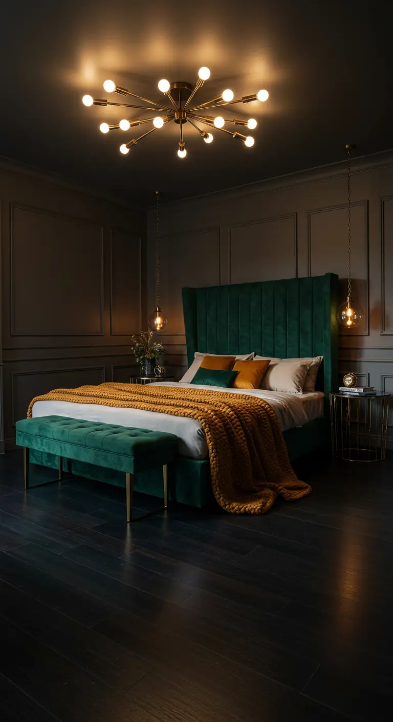 Luxe slaapkamer met donkere muren, een smaragdgroen fluwelen bed en een okergeel deken.