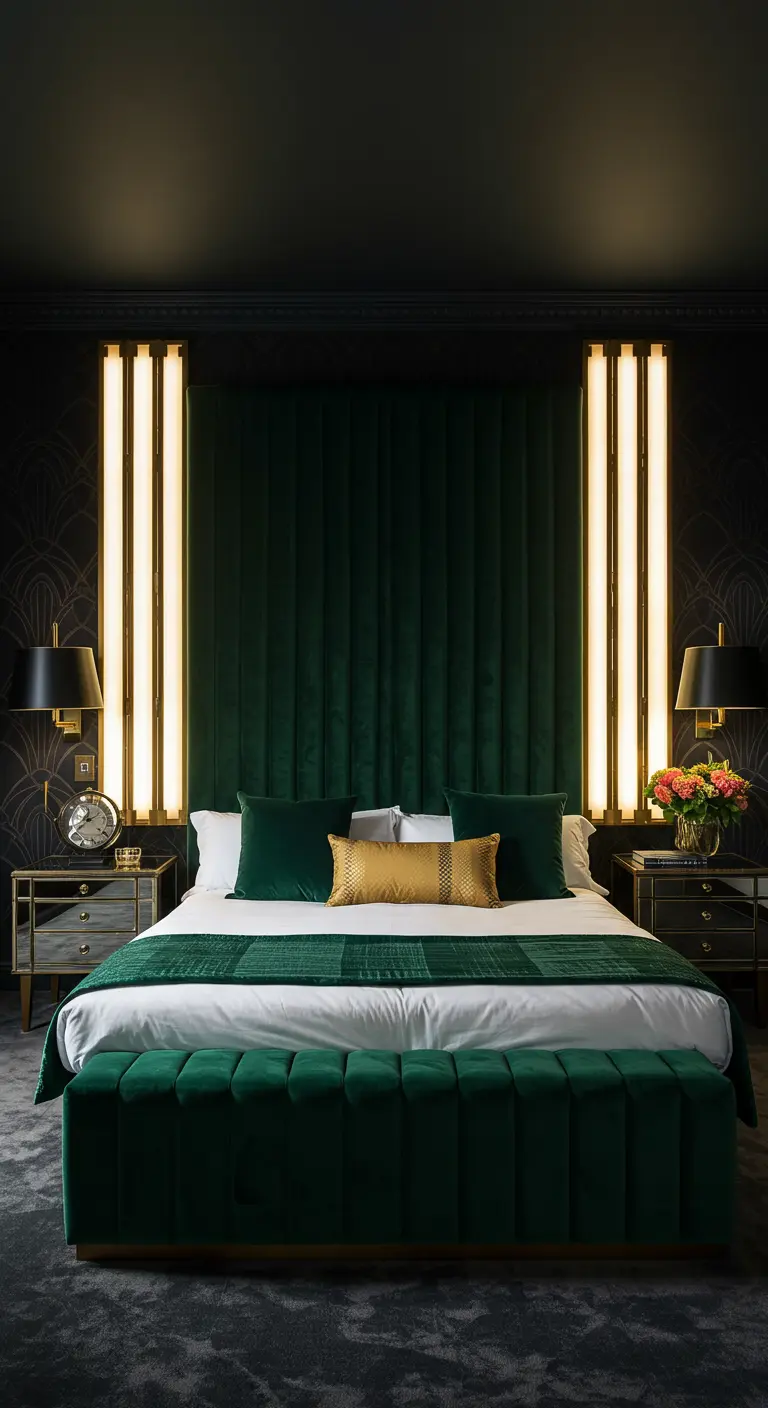 Donkergroene slaapkamer in art-deco stijl met verticale lichtarmaturen naast het bed.