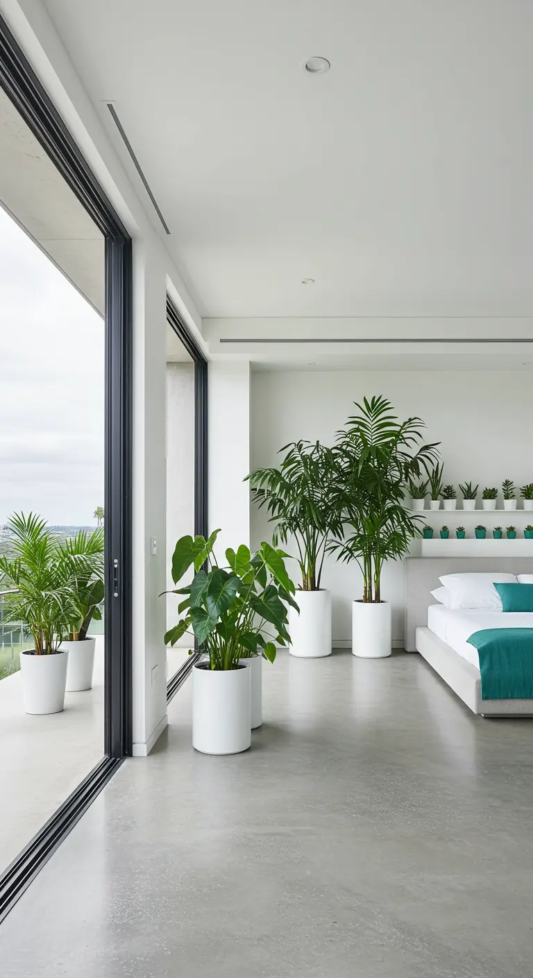 Moderne, lichte slaapkamer met grote schuifpui en diverse grote kamerplanten in witte potten.
